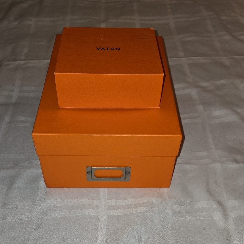 Set of 2 Bright Orange Designer Style Storage Boxes with Silver Hardware